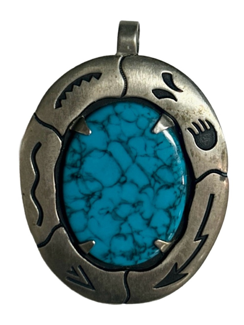 Bell Trading Post ~ Vintage ~ Nickel Silver W/ Turquoise Stone Bear Claw Pendant - Picture 1 of 11